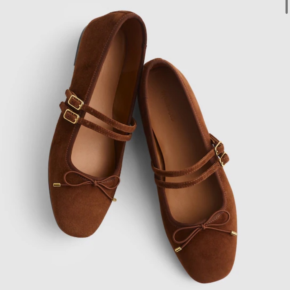 NIB Madewell The Greta Double Strap Suede Ballet Flat in Soft Mahogany Size 8.5